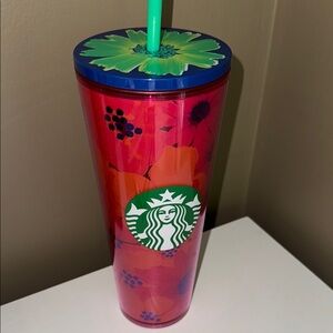 Starbucks Red Floral Tumbler with Green Lid